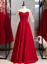 A-Line Burgundy Satin Short Sleeve Appliques Prom Dress
